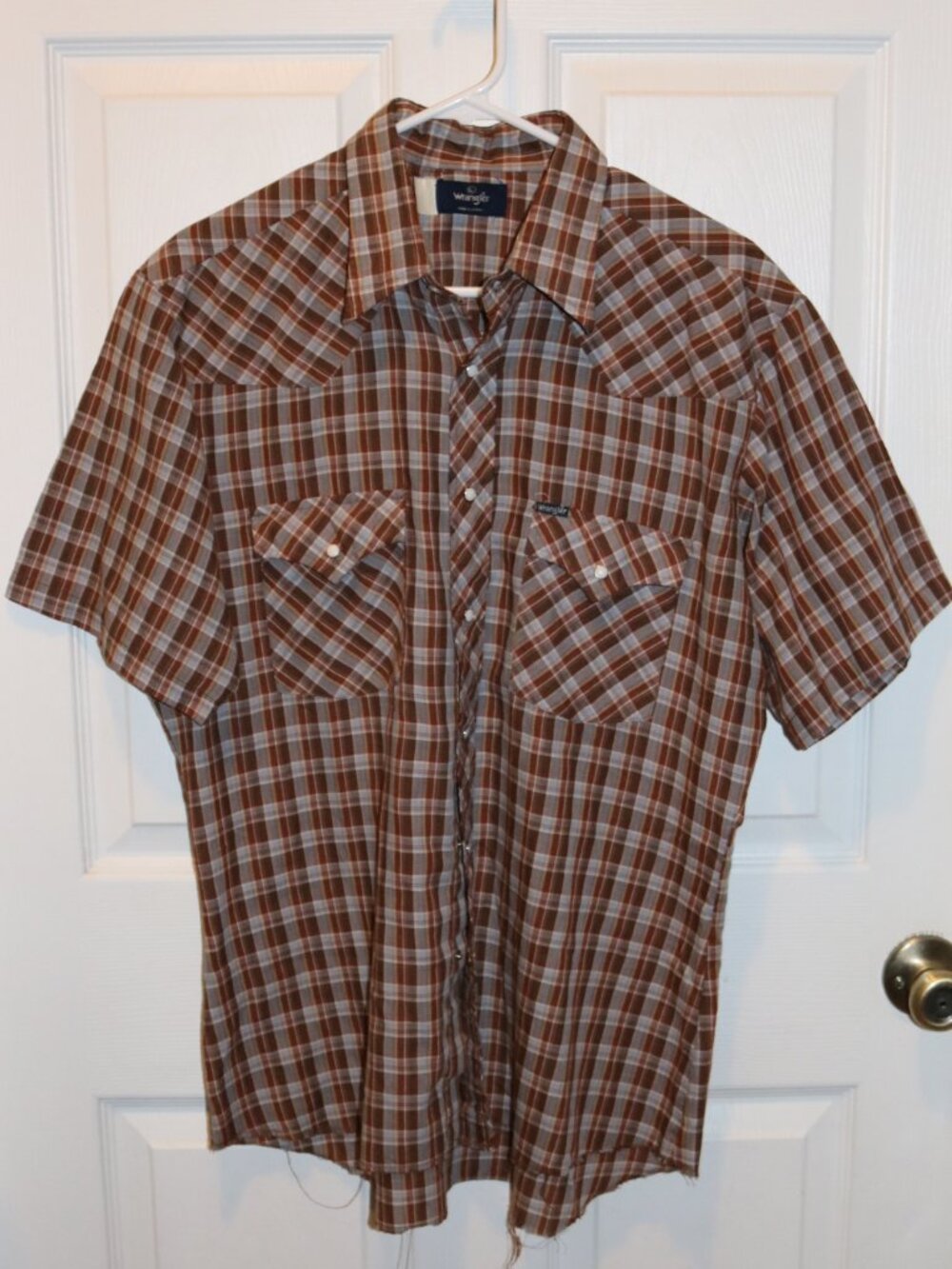 Western Mens Snap Shirt Wrangler Large Brown Plaid Short-sleeve